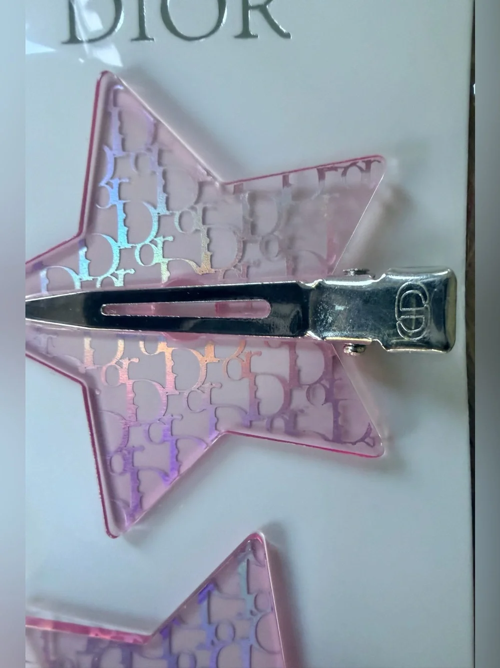 Dior Iridescent Pink Branded Star Set of 2 Alligator Style Barrettes NEW SEALED